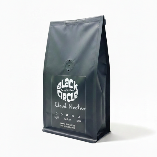 Black Circle Zero Degrees coffee bag on a white background