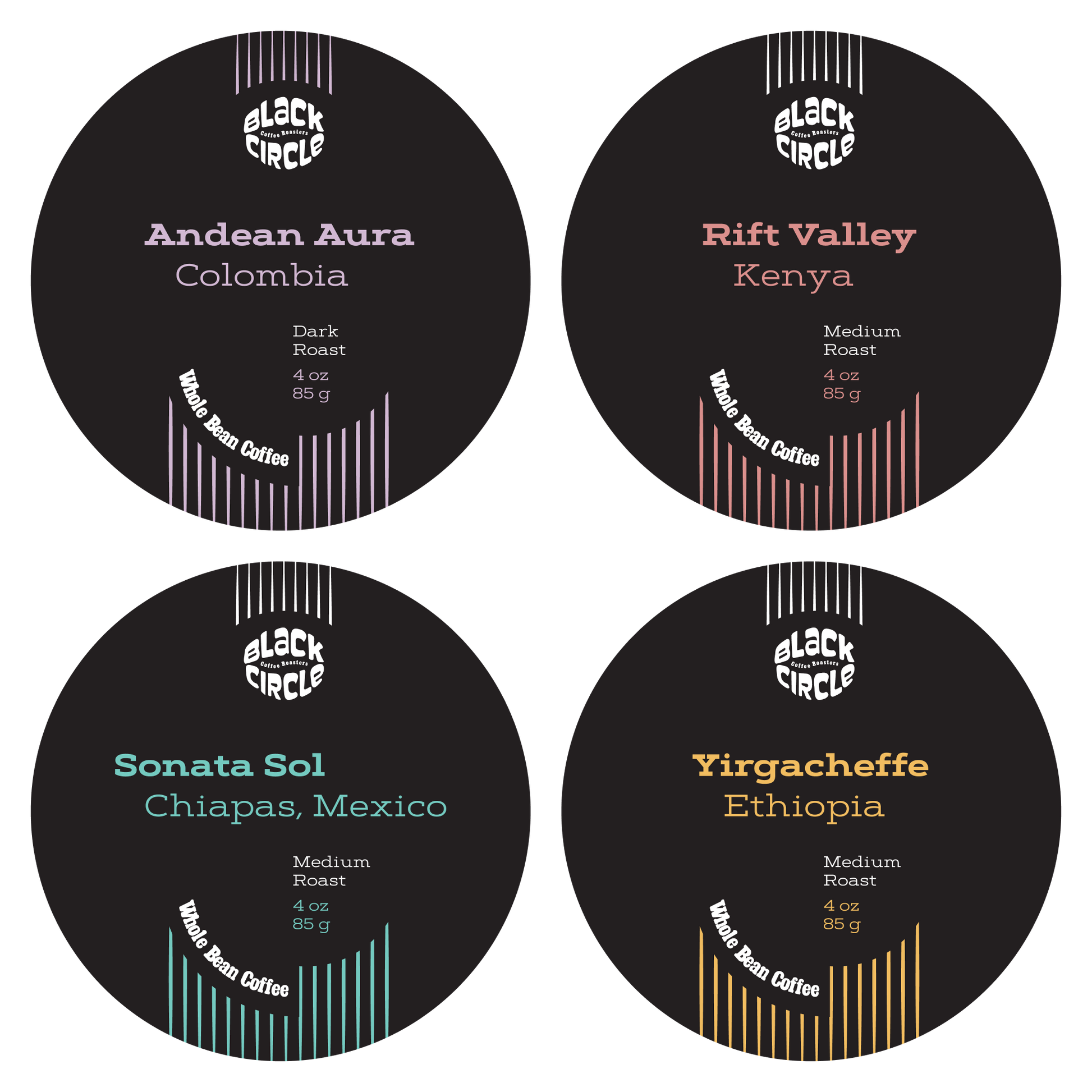 Four coffee labels from Black Circle Coffee Roasters