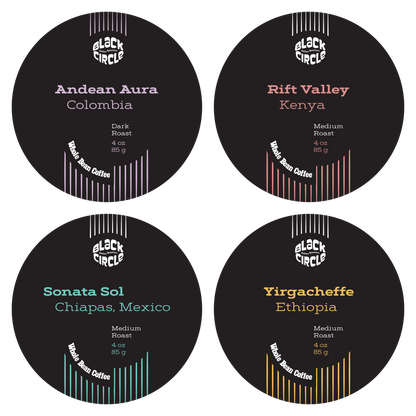 Four coffee labels from Black Circle Coffee Roasters