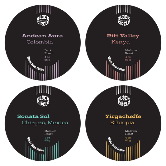 Four coffee labels from Black Circle Coffee Roasters