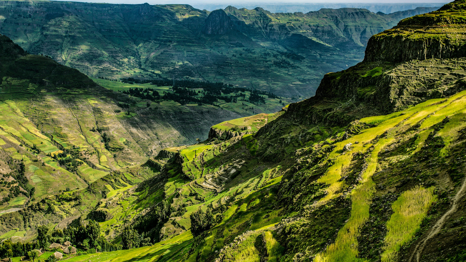 Green mountainous landscape with valleys in Ethiopia